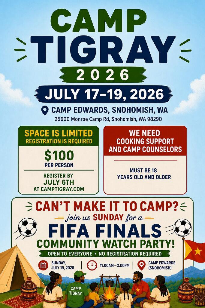 Camp Tigray 2026 — July 17-19 at Camp Edwards, Snohomish, WA. Registration required. $100 per person.